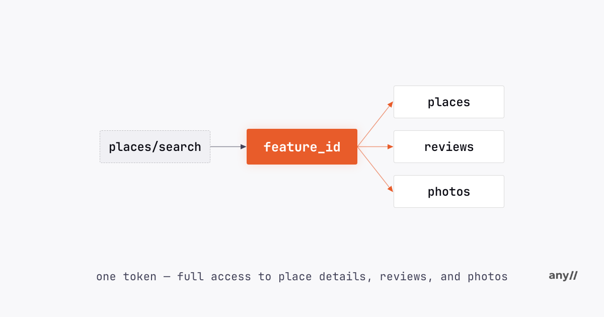 The feature_id flow: places/search returns a feature_id used by places, reviews, and photos endpoints